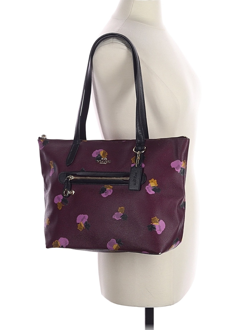 Coach Plum Floral Leather Tote with Black Straps